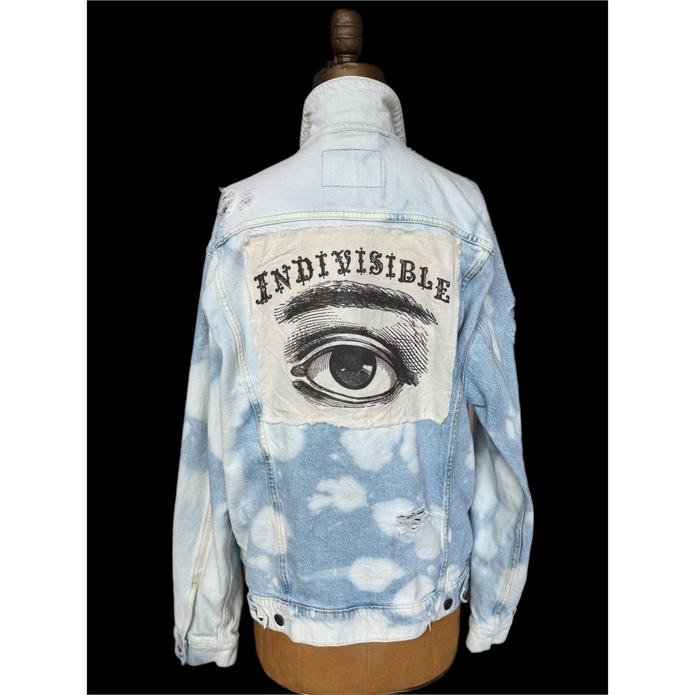 Upcycled Denim Jacket XL Indivisible Eye Folk Art One of One - Picture 1 of 10